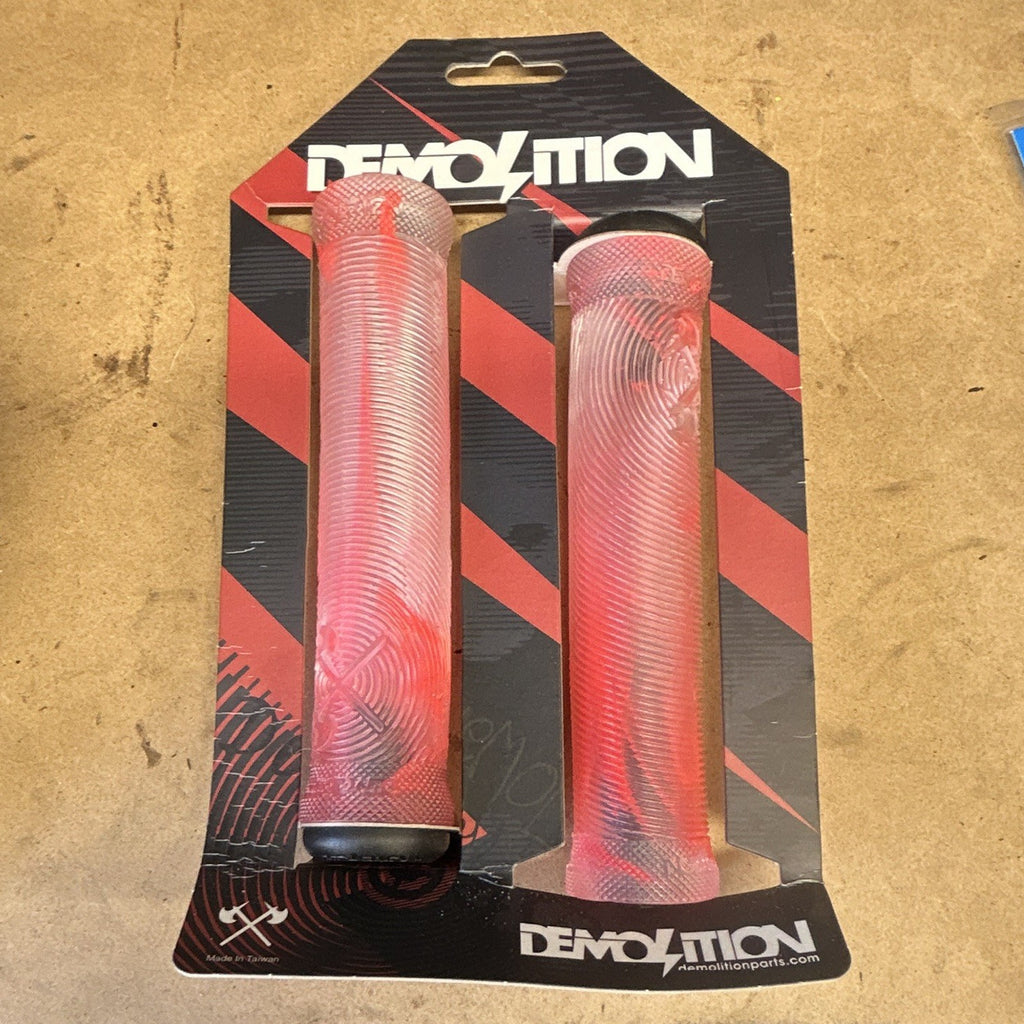 Demolition Axes Flangeless BMX Handlebar Grips Clear/Red Marble Pair